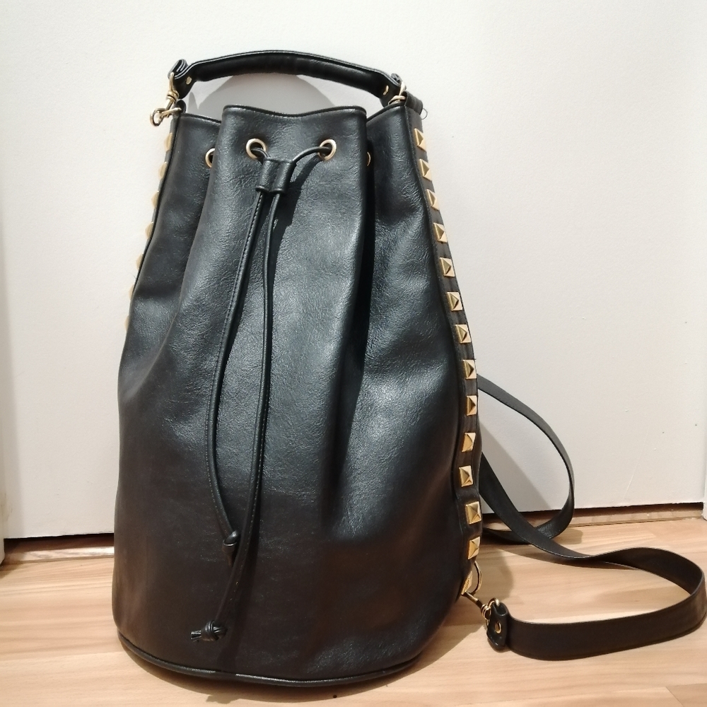 Leather Tote Backpack Dual Use with Removable Straps Black - Size Large